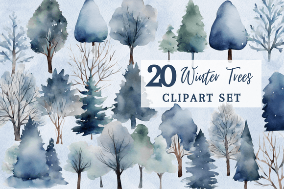 20 Watercolor Blue Winter Tree Clipart Illustrations