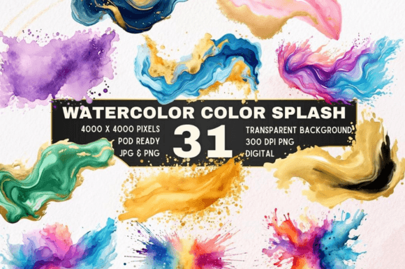 31 Vibrant Splash Watercolor Clipart Set: Editorial Illustrations