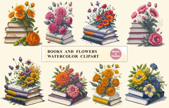 Books and Flowers Watercolor Clipart for Embroidery