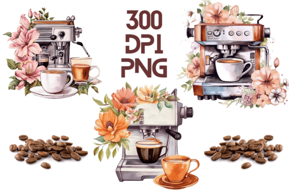 Coffee Machine Watercolor Floral PNG 14 Illustrations