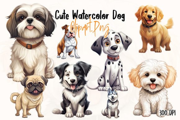 Cute Dog Watercolor Clipart Sublimation Illustrations