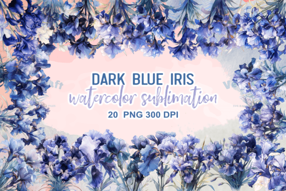 Dark Blue Iris Watercolor Clipart for Illustrations