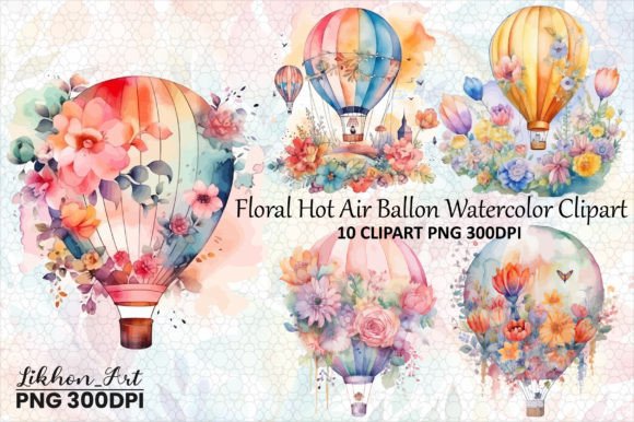 Floral Hot Air Balloon Watercolor Clipart Illustrations