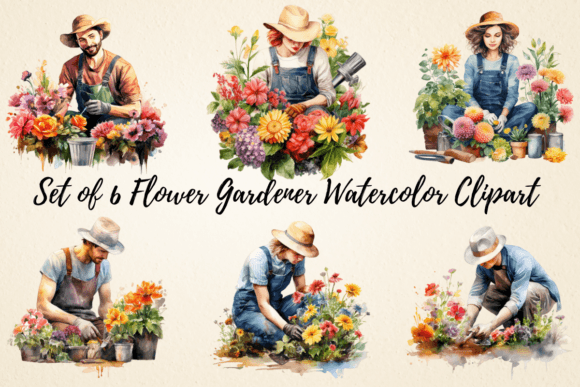 Flower Gardener Watercolor Clipart: Editorial Illustrations