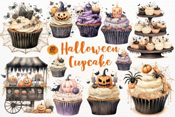 Halloween Cupcake Watercolor Sublimation Illustrations