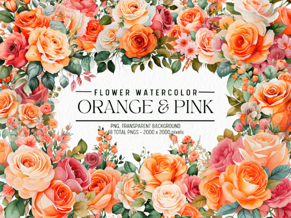 Orange Pink Flowers Watercolor: Editorial Illustrations