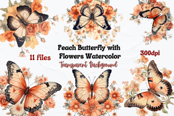 Peach Butterfly with Flowers Watercolor Illustrations