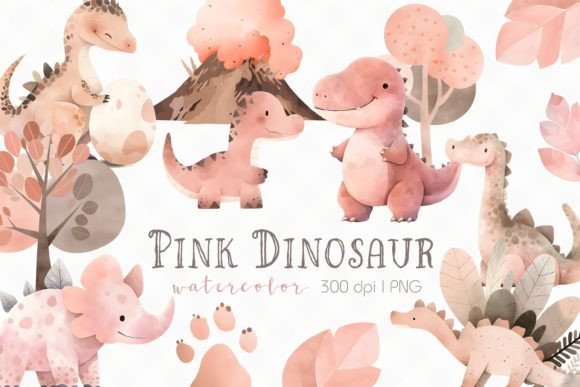 Pink Baby Dinosaur Watercolor Clipart Illustrations