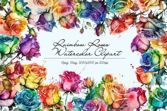 Rainbow Roses Flowers Watercolor Clipart Illustrations