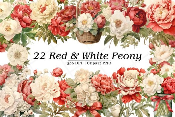 Red and White Peony Watercolor Clipart Illustrations