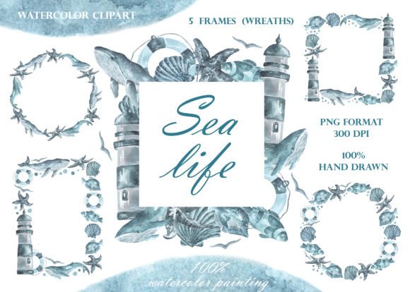 Sea Life Watercolor Frames: Illustrations for Digital Sales