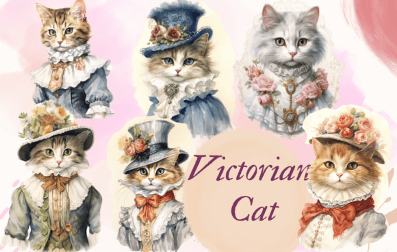 Victorian Cat Watercolor Vintage Clipart Illustrations