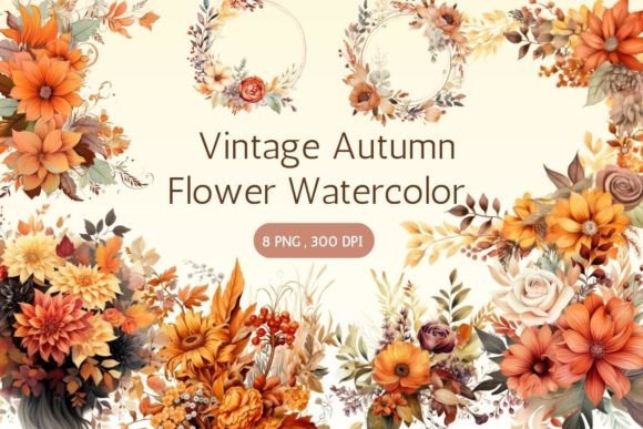 Vintage Autumn Flower Floral Watercolor Illustrations