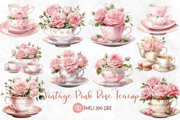 Vintage Pink Rose Teacup PNG: Illustrations for Crafters