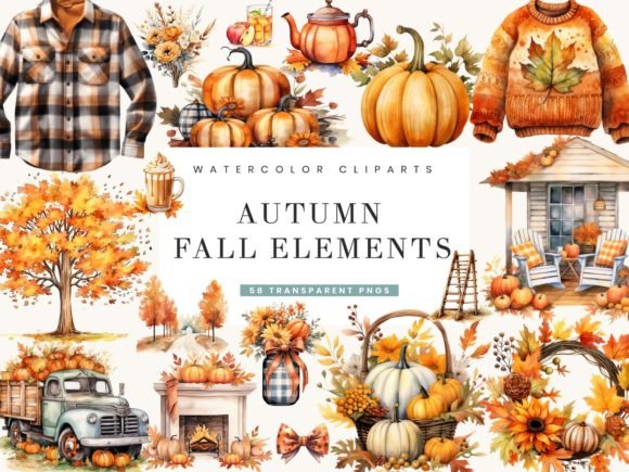 Watercolor Autumn Fall Elements Clipart: Editorial Illustrations