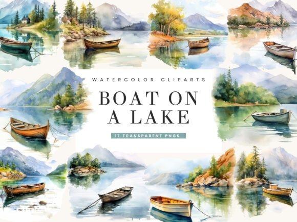Watercolor Boat on a Lake Clipart Bundle Illustrations