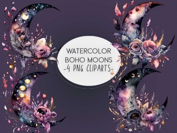Watercolor Boho Moon Clipart: Illustrations for Branding