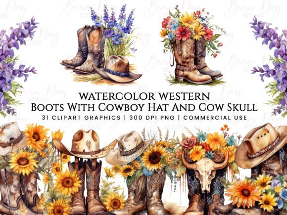 Watercolor Boots with Cowboy Hat Illustrations for Blogs