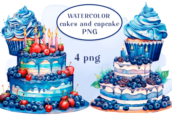 Watercolor Cakes and Cupcake PNG Clipart Illustrations
