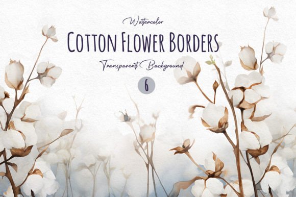 Watercolor Cotton Flower Border Clipart Illustrations