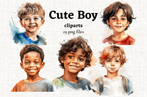 Watercolor Cute Boy Clipart Set 19 PNGs Illustrations