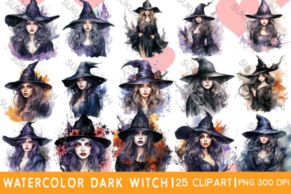 Watercolor Dark Witch Illustrations for Editorial Design