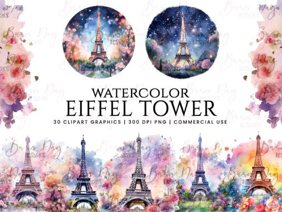 Watercolor Eiffel Tower Clipart Bundle Illustrations