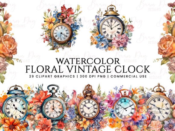 Watercolor Floral Vintage Clock Illustrations Review