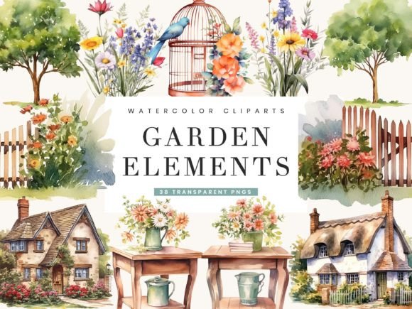 Watercolor Garden Elements Clipart: Illustrations for Crafters