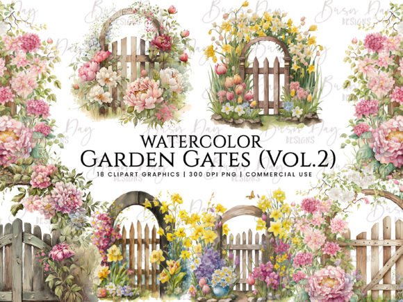 Watercolor Garden Gates Clipart Bundle Illustrations