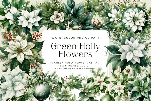 Watercolor Green Holly Flowers Cliparts Review