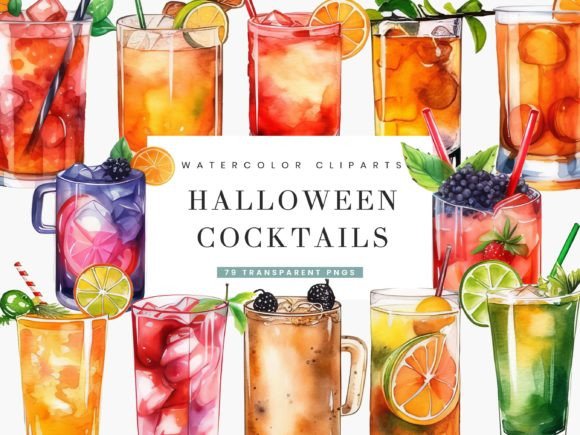Watercolor Halloween Cocktails Clipart Illustrations