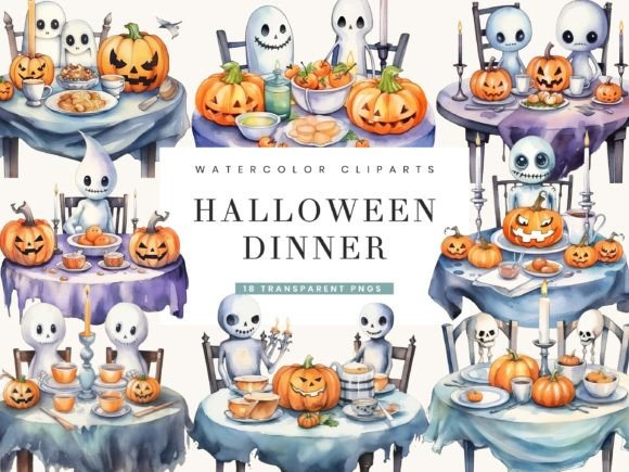Watercolor Halloween Dinner Illustrations for Crafters