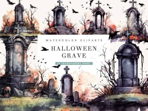 Watercolor Halloween Grave Clipart for Illustrations