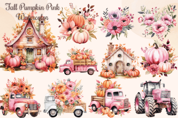 Watercolor Pink Pumpkin Clipart Fall PNG Illustrations