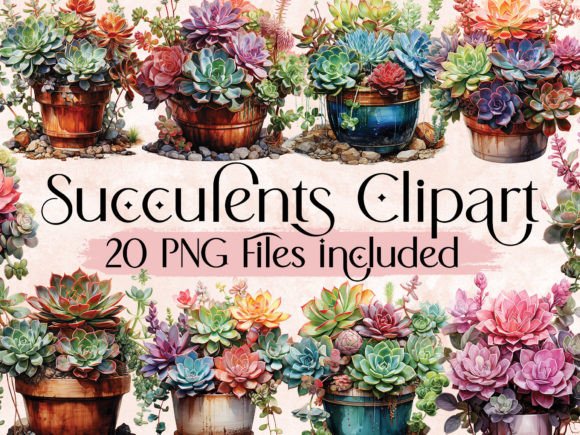 Watercolor Potted Succulents Clipart PNG Illustrations