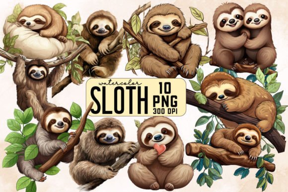Watercolor Sloth Clipart Bundle: Editorial Illustrations