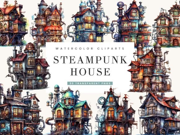 Watercolor Steampunk House Clipart for Illustrations