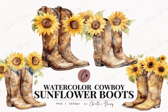 Watercolor Sunflower Cowboy Boots PNG Illustrations