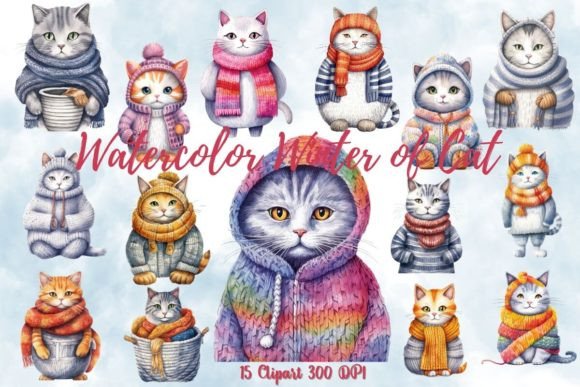 Watercolor Winter of Cat Clipart: Illustrations for Branding