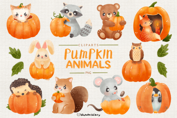 Watercolor Woodland Animals Pumpkins Illustrations